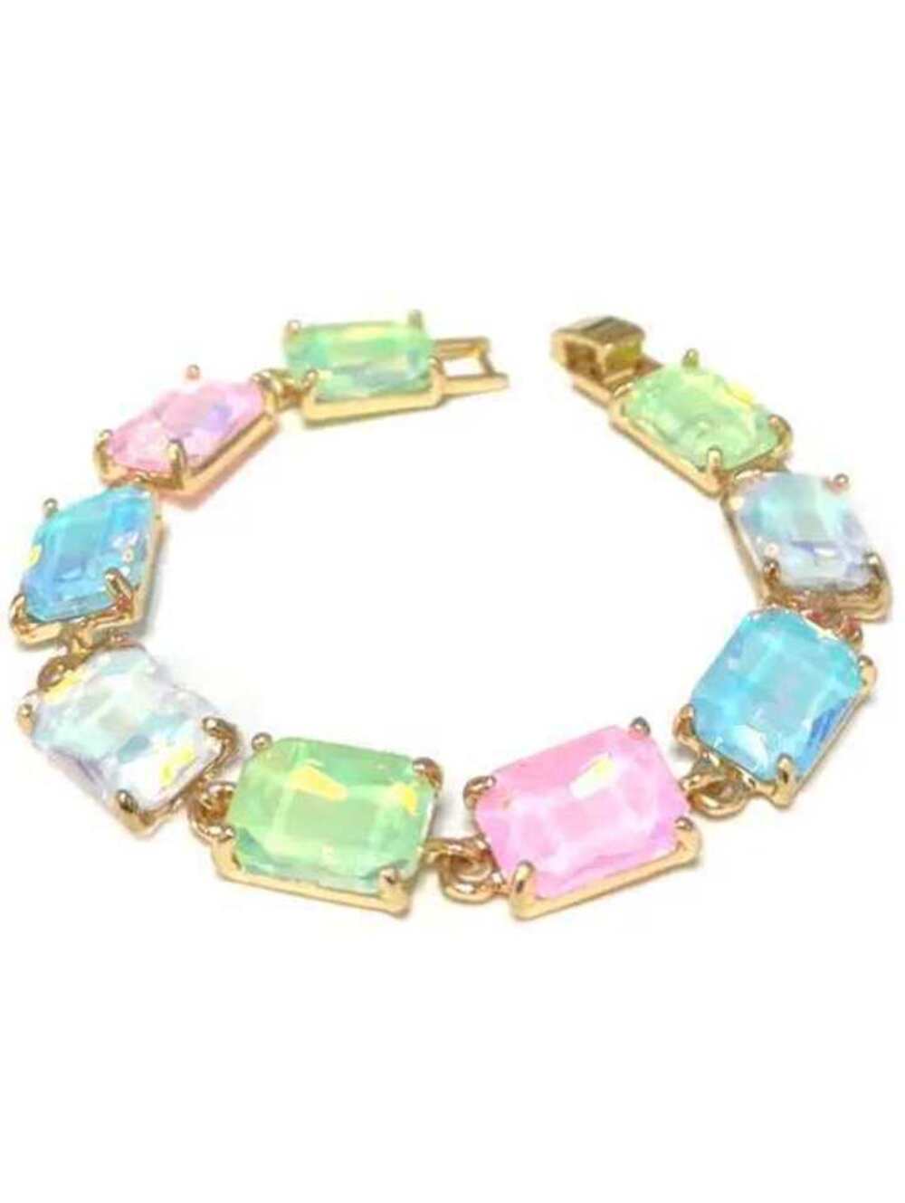 Emerald Cut Glass Crystal Linked Statement Gold Bracelet Pastel Multi Pink Green